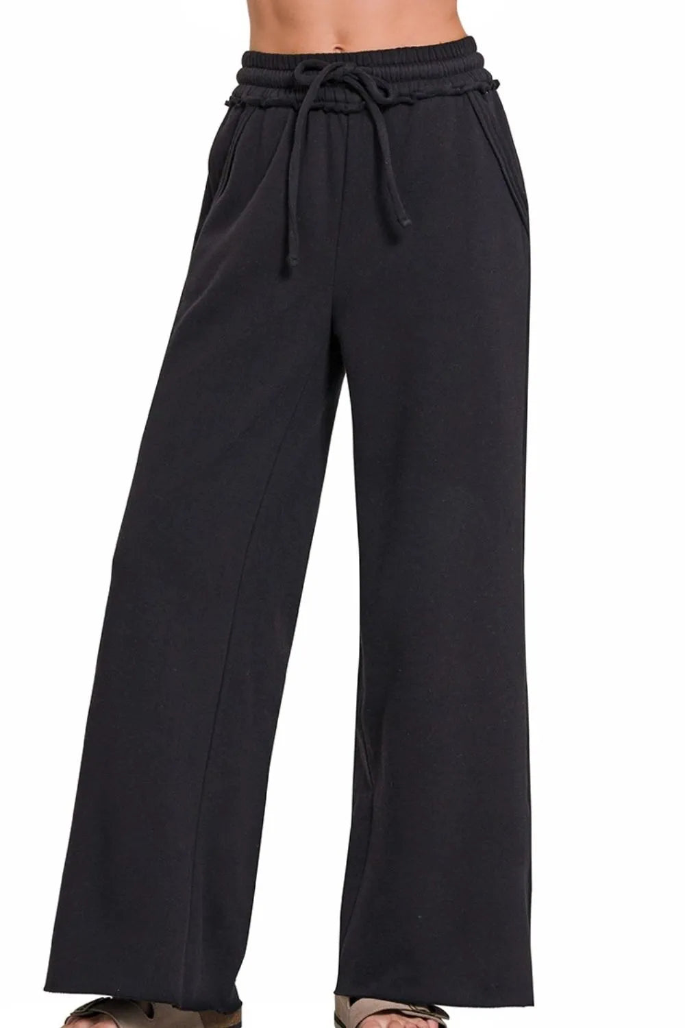 Black Wide Leg Pants – Soft Cotton Blend, Drawstring & Pockets