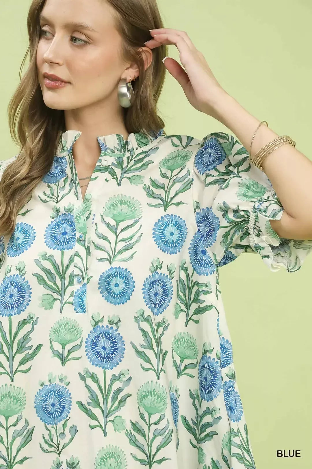 Blue floral babydoll dress closeup, puff sleeve and V-neck with ruffled trim