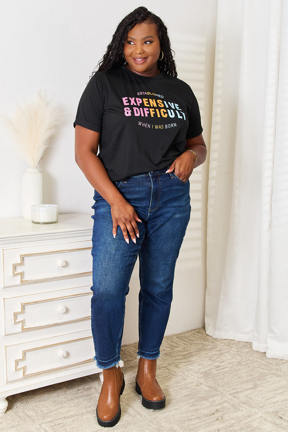 Slogan Graphic Cuffed Sleeve T-Shirt Trendy & Expressive Style