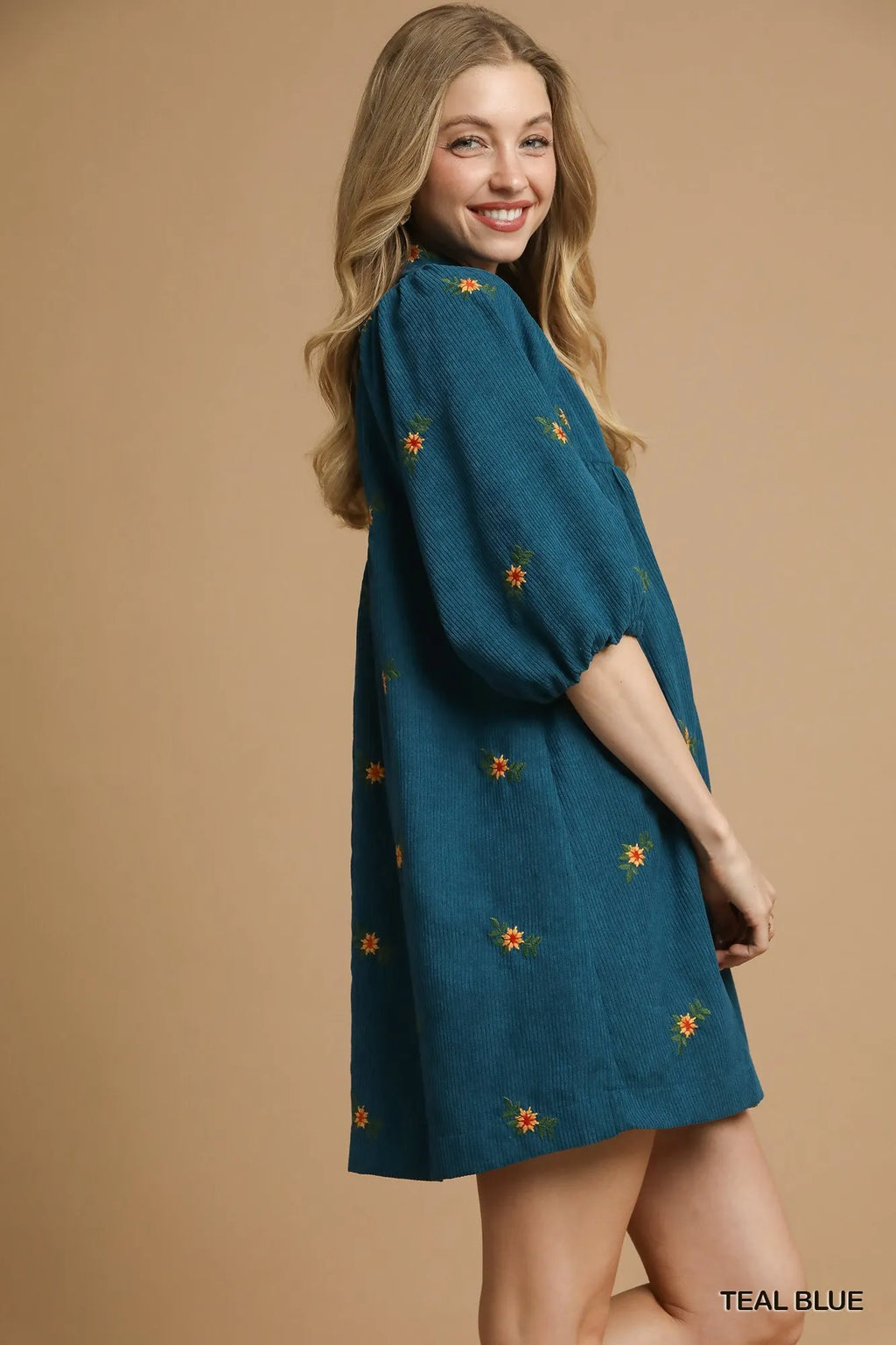 Teal Embroidered Peasant Dress – V-Neck Mini with Puff Sleeves