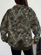 Dark army green camo zip-neck oversized sweatshirt, back view with long sleeves