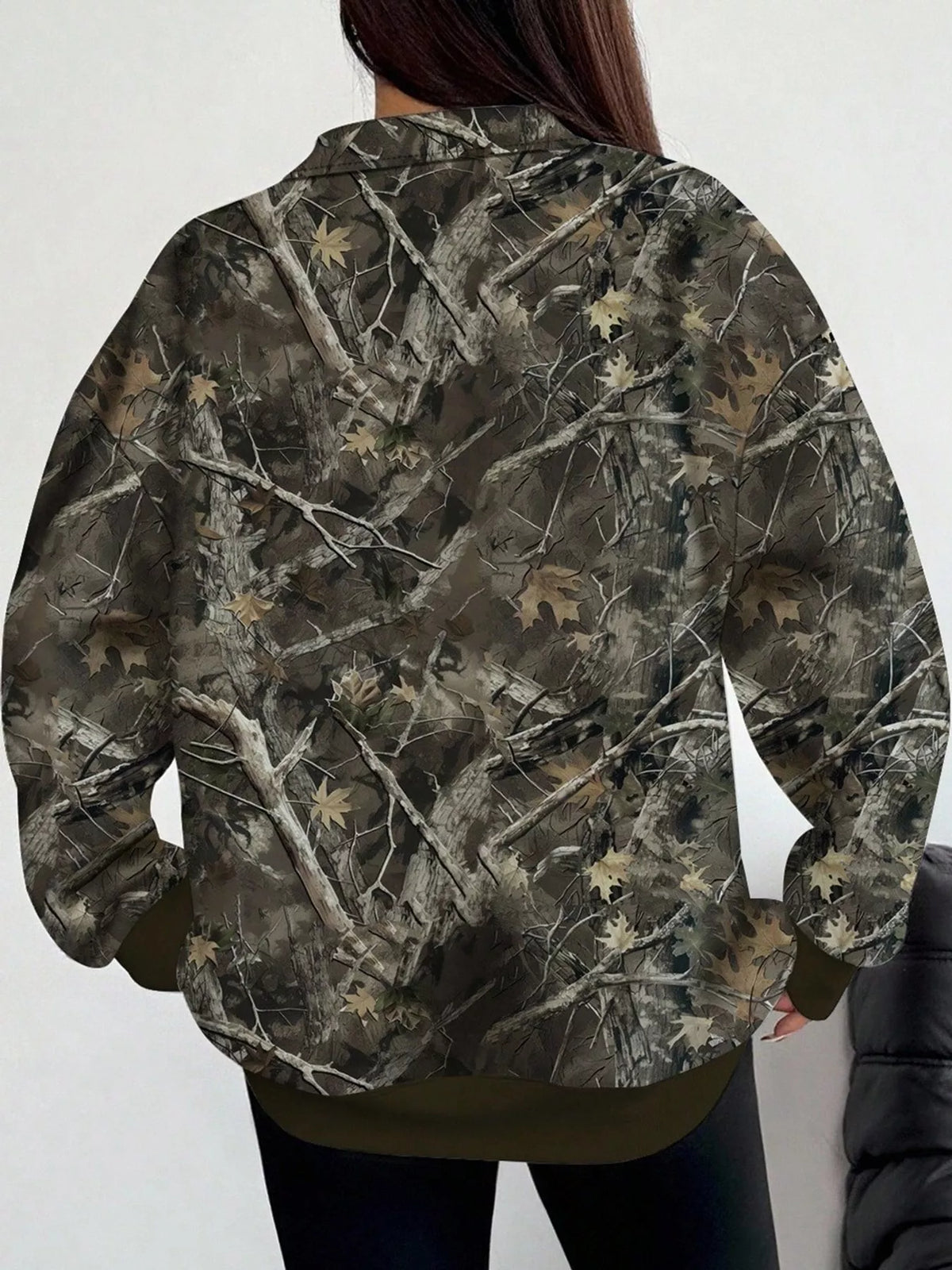 Dark army green camo zip-neck oversized sweatshirt, back view with long sleeves