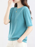 Teal round-neck short-sleeve knit sweater with ribbed neckline, cuffs, and hem