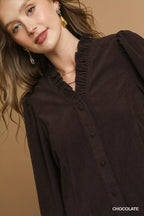 Corduroy Ruffle Shirt with Puff Sleeves – Chic Fall Fashion Top