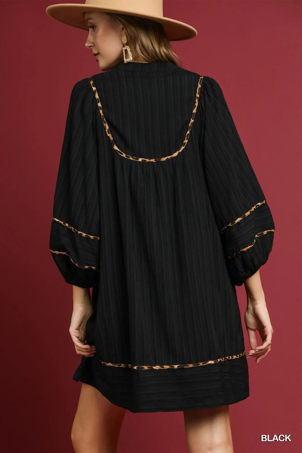 Textured Babydoll Dress with Leopard Trim Trendy & Playful Style