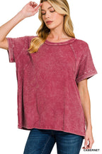 Vintage wash ribbed-cuff tee in cabernet, crew neck short sleeves