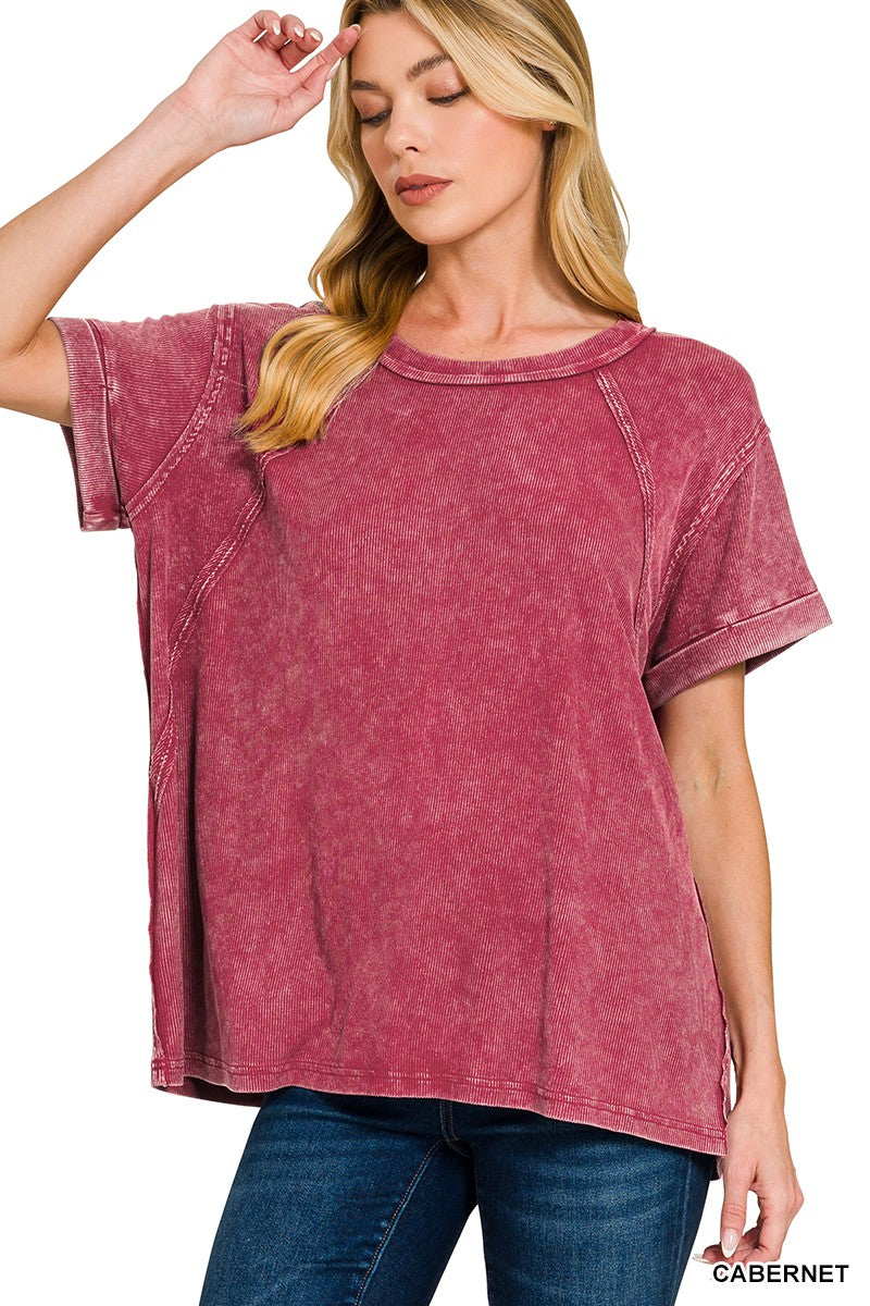 Vintage wash ribbed-cuff tee in cabernet, crew neck short sleeves