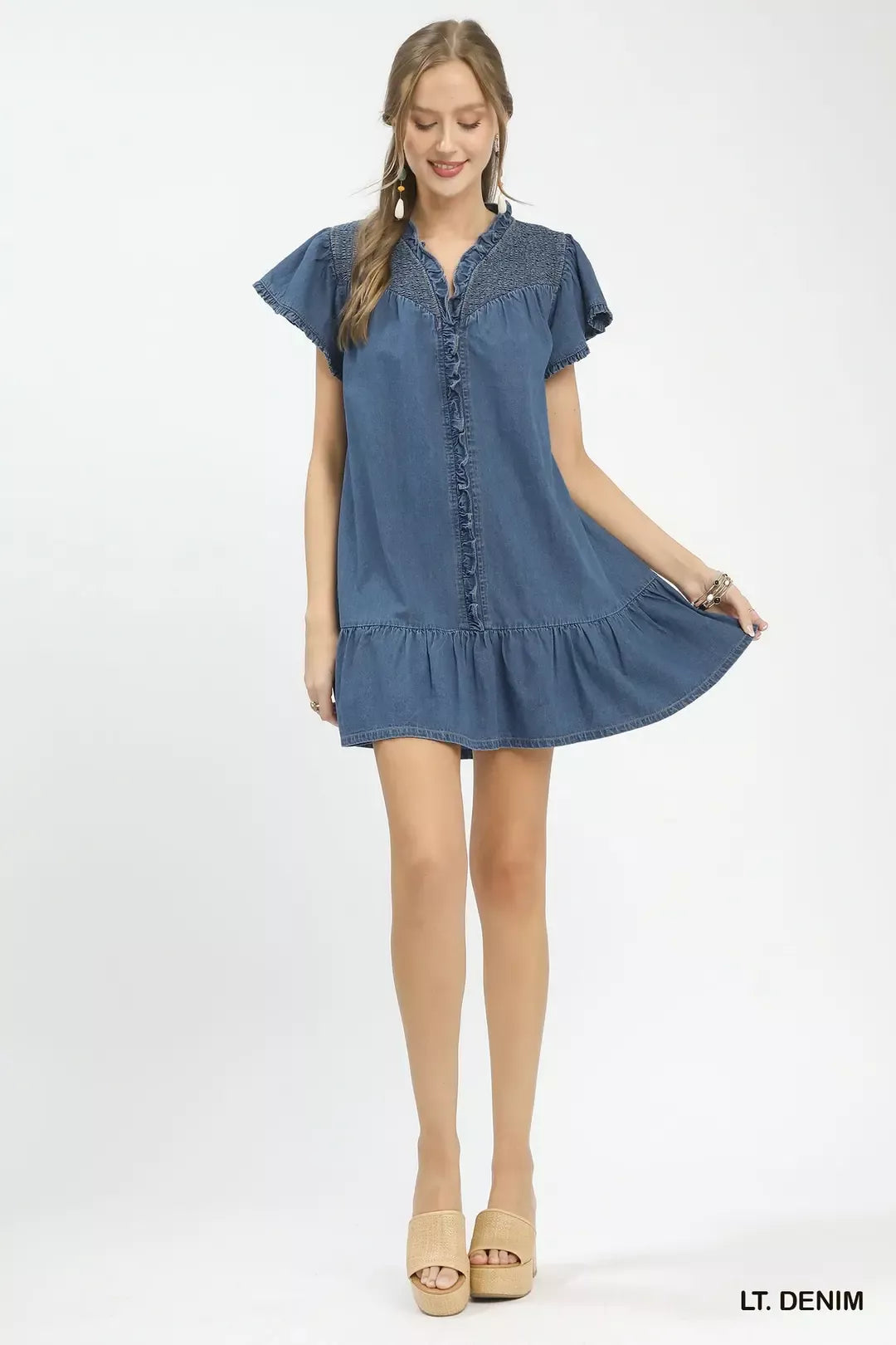 Washed denim ruffle dress with short cap sleeves, button front, flared tiered skirt
