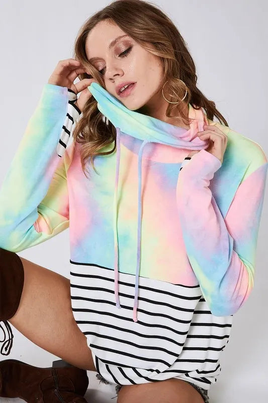 BiBi Tie-Dye French Terry Cowl Neck Top – Cozy, Vibrant & Stylish