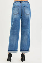 Medium-wash elastic waist jeans with cuffed hem and back patch pockets
