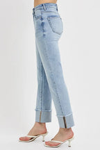 Dreamkue-Risen Women’s High Rise Straight Leg Cuffed Relaxed Fit Jeans Casual Stretch Denim Pants