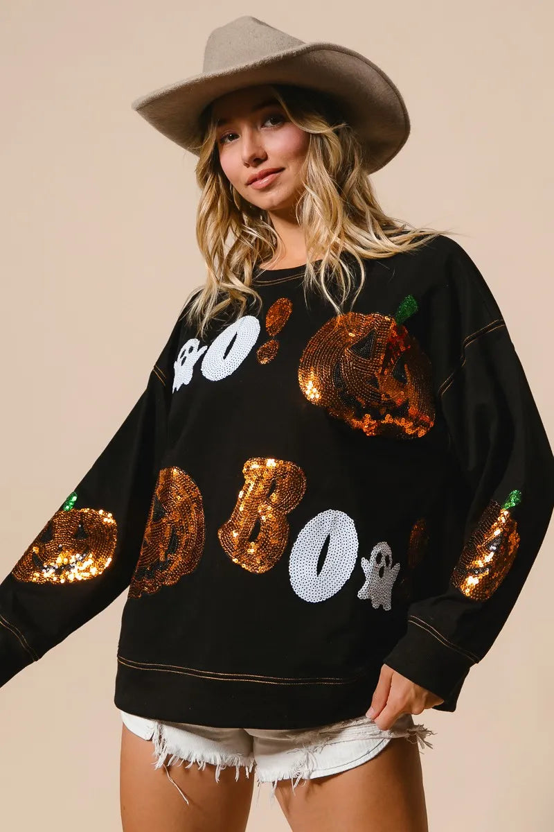 Halloween Sequin Pumpkin & Ghost Sweatshirt – Oversized Black Pullover