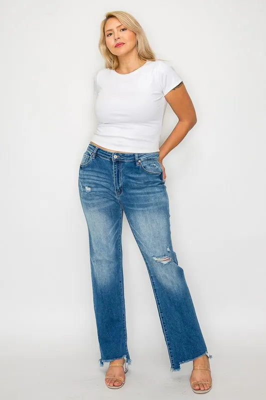Raw Hem Mid Rise Straight Jeans – Distressed, Flattering & Timeless