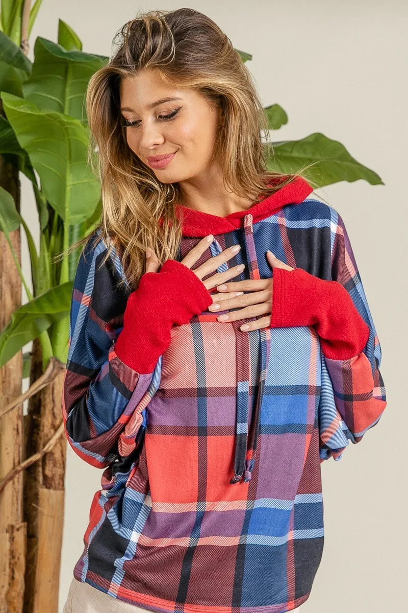 Plaid Brushed Rib Contrast Thumb Open Hoodie – Cozy Casual Layer