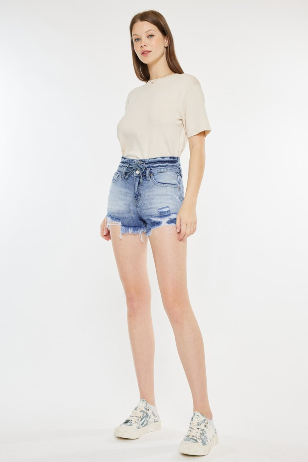 Kan Can High Rise Frayed Hem Denim Shorts