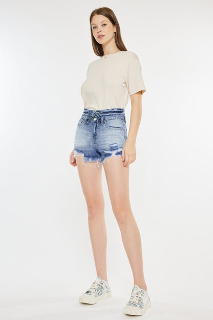 Kan Can High Rise Frayed Hem Denim Shorts