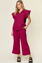 Deep rose ruffle-sleeve top and wide-leg pants set with matching elastic waist