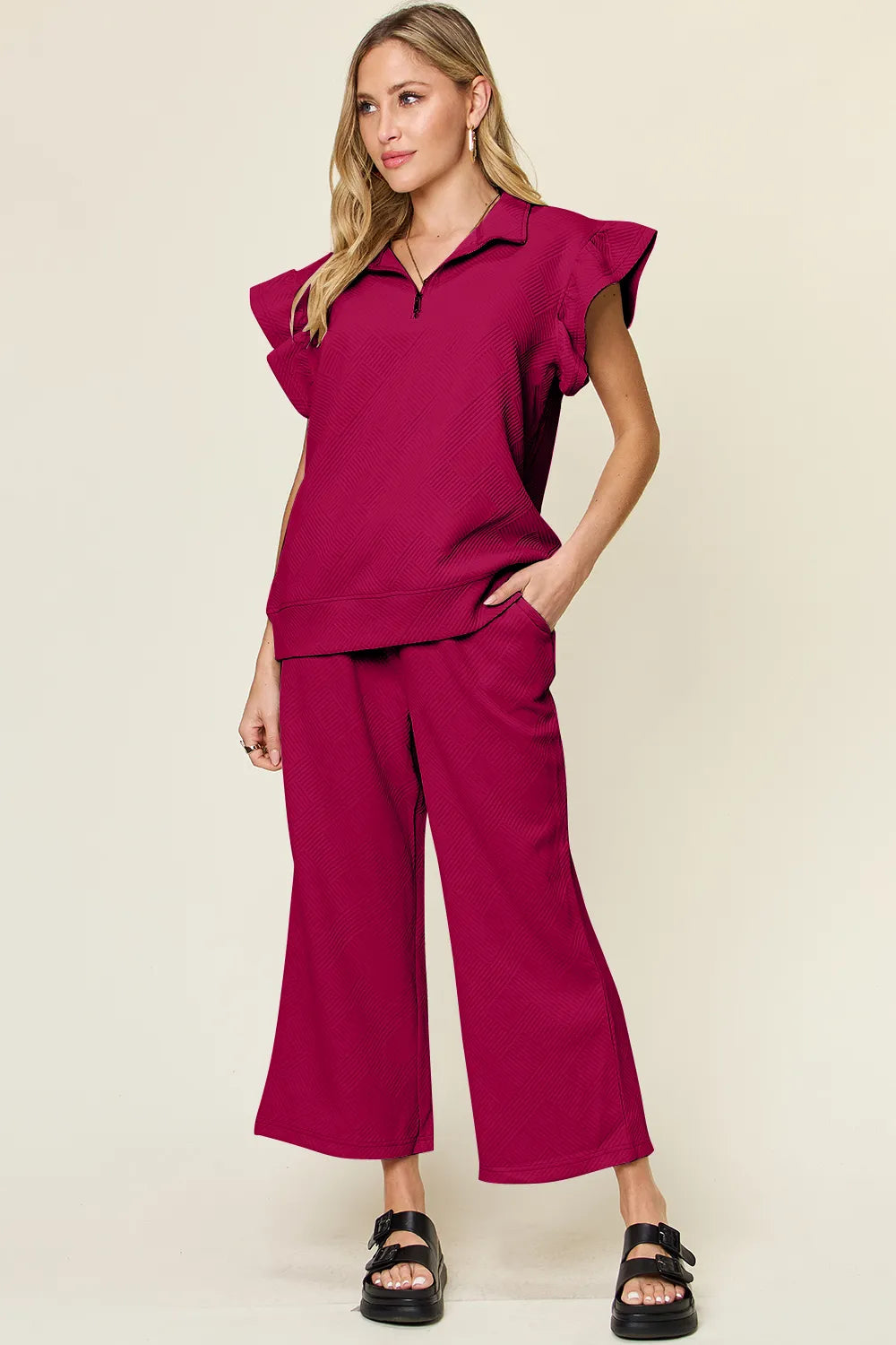 Ruffle Sleeve Top & Wide-Leg Pants Set – Chic, Comfy & Effortless