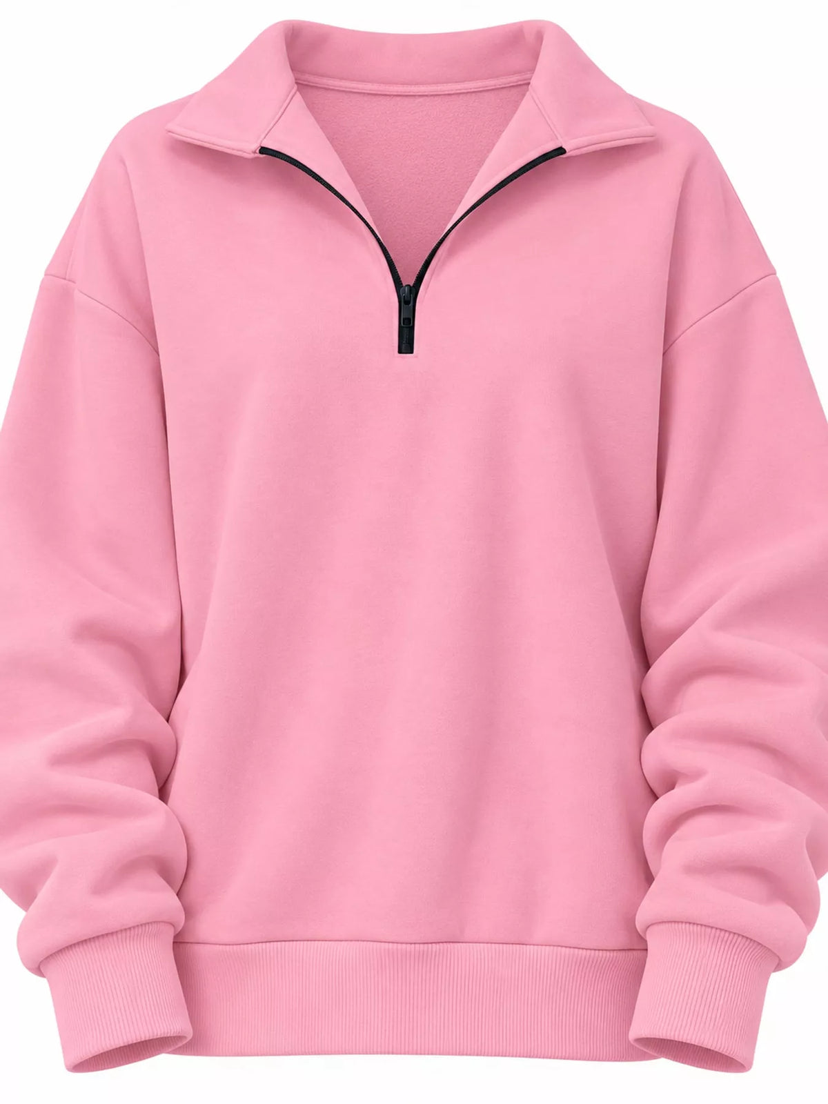 Pink oversized half-zip sweatshirt with stand collar and ribbed cuffs, relaxed