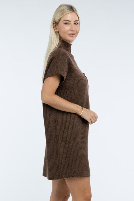 Zenana Mock Neck Short Sleeve Sweater Dress with Pocket