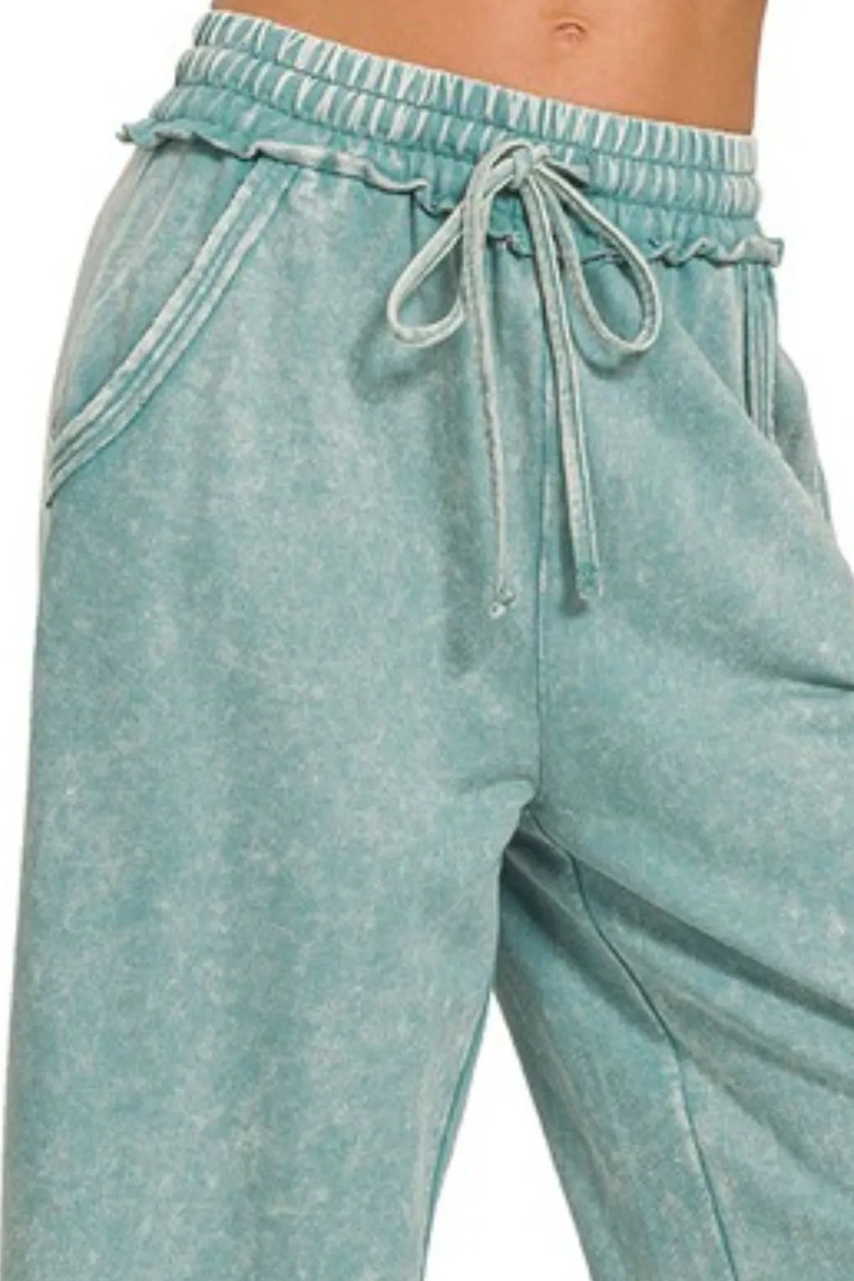Ash Blue Wide Leg Pants – Ruffle Waist, Vintage Wash & Pockets