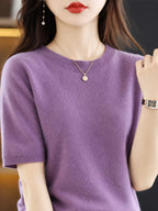 Lavender round-neck short-sleeve sweater, ribbed hem and cuffs