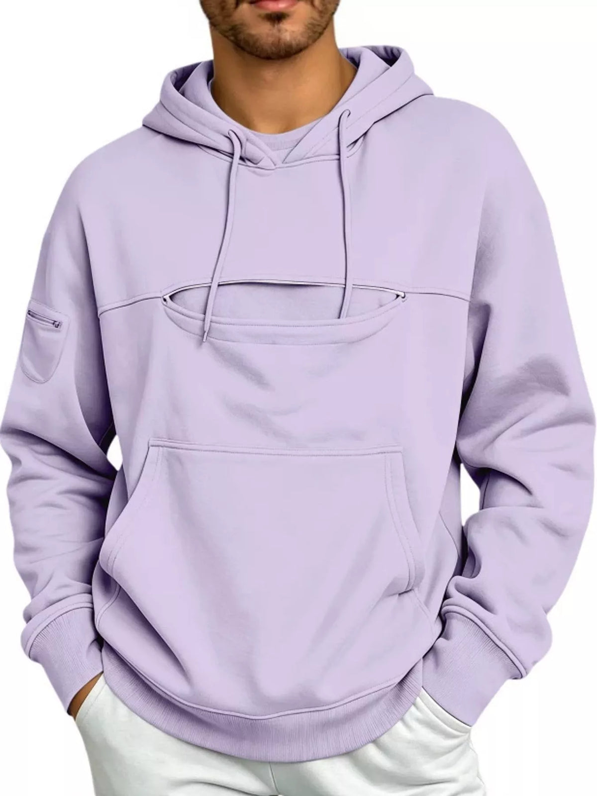 Lavender cat-pouch drawstring hoodie with kangaroo pocket and hood
