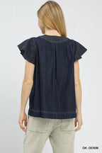 Dark denim cap-sleeve top back view with stitched yoke and curved hem