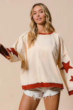 Oversized Cream Sweatshirt with Red Star Graphics – Casual Streetwear
