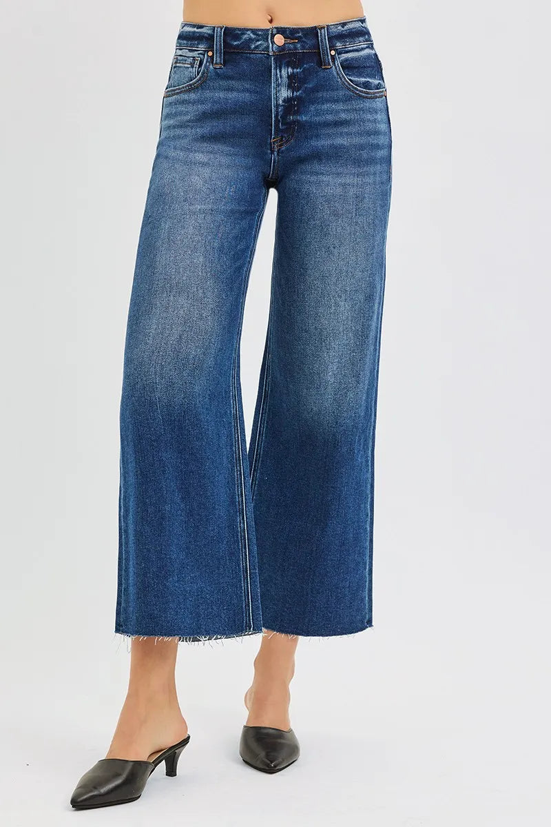 Mid Rise Crop Wide Leg Jeans with Raw Cut Hem | Casual Chic Denim