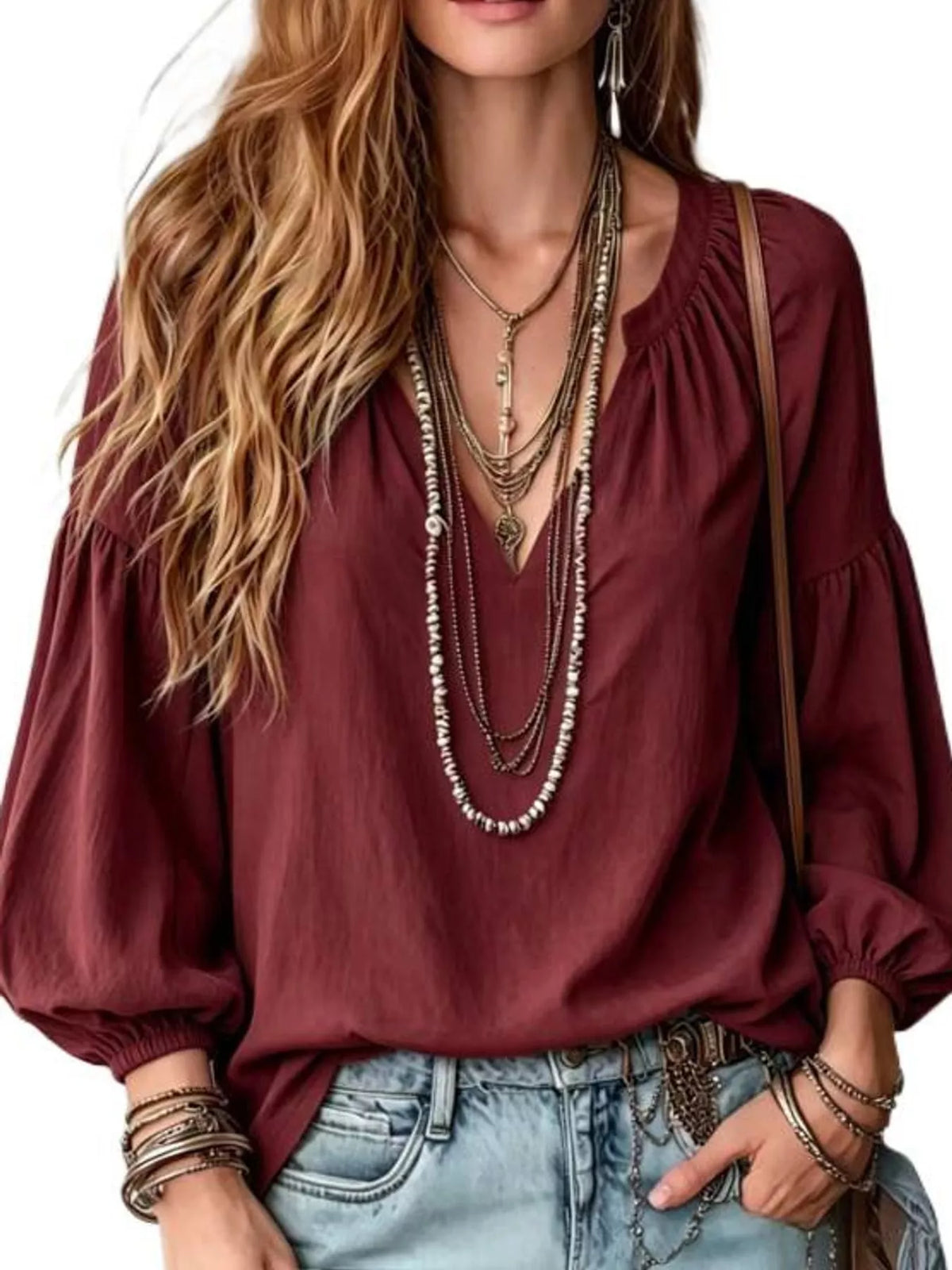 Burgundy notched V-neck blouse with balloon sleeves and gathered cuffs