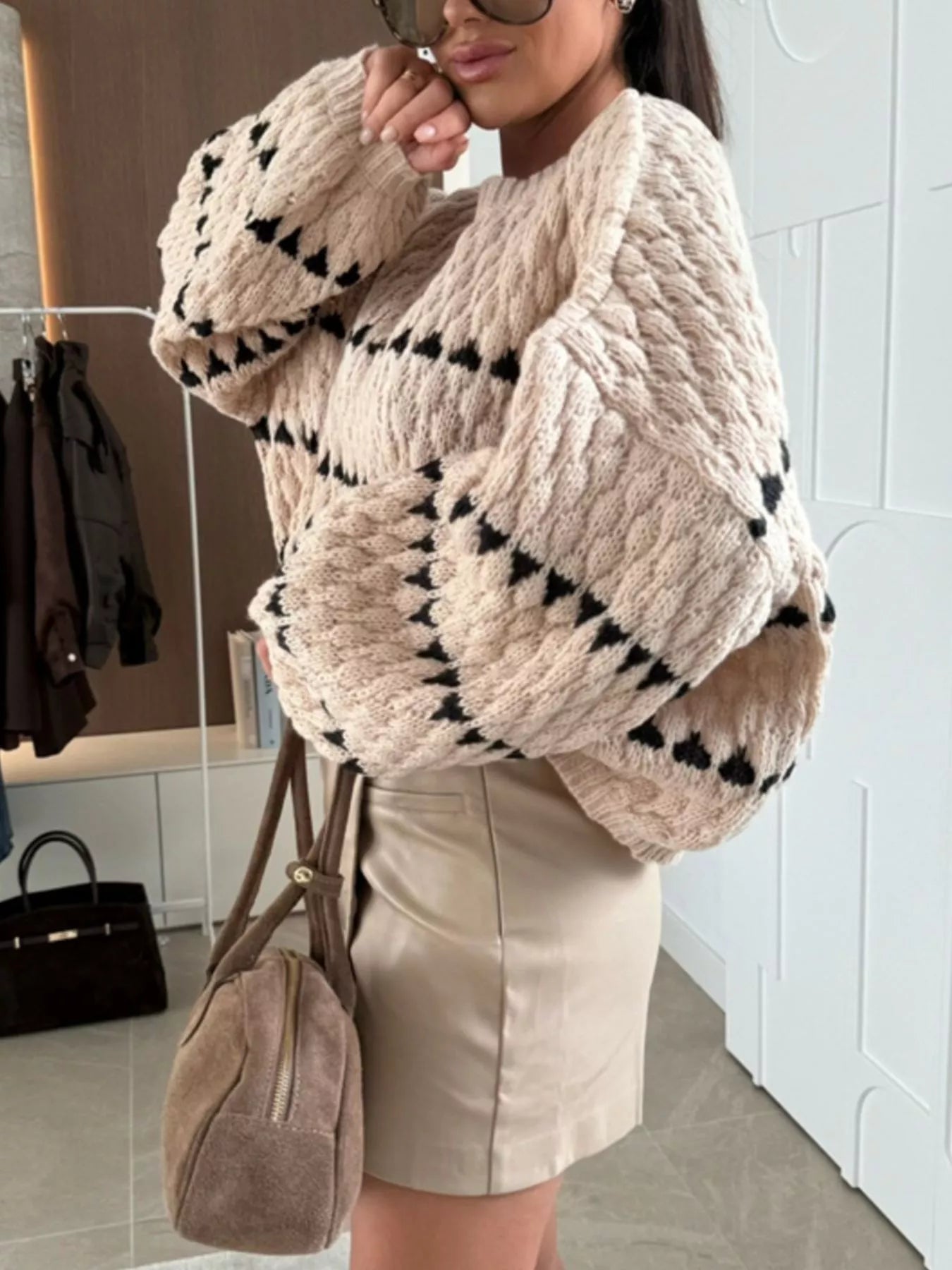 Chunky Knit Striped Sweater with Balloon Sleeves – Cozy Chic Style