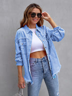 Distressed Drop Shoulder Denim Jacket – Casual Oversized Style