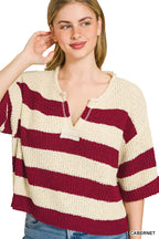 Striped ribbed knit pullover sweater, cream with cabernet red stripes and V-neck