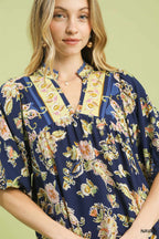 Navy floral boho rayon blouse with V-neck and gathered neckline detail