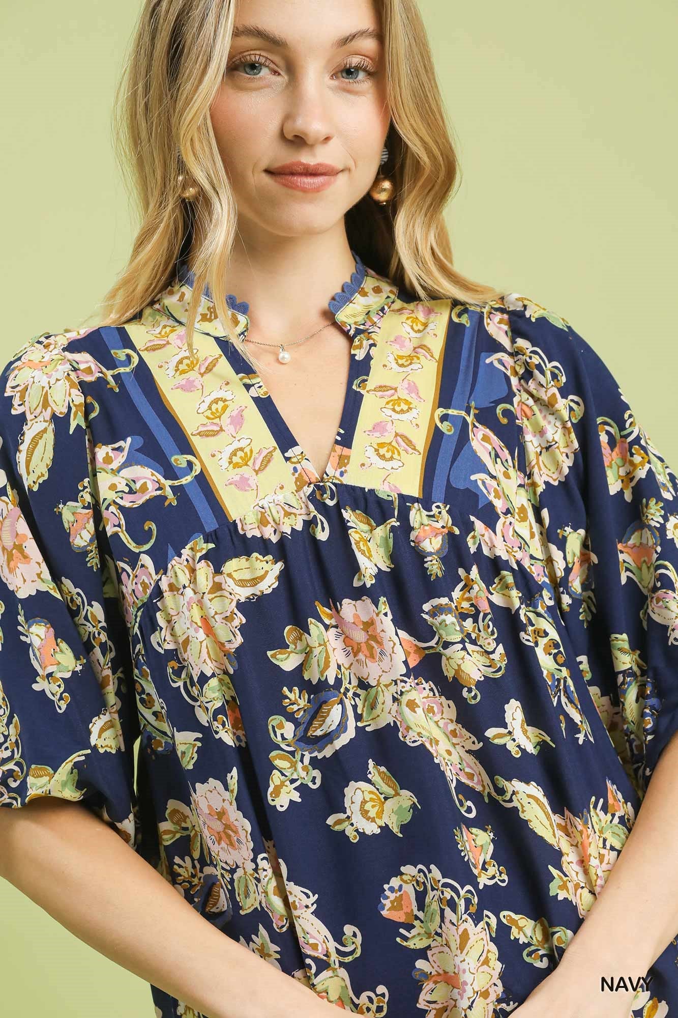 Navy floral boho rayon blouse with V-neck and gathered neckline detail
