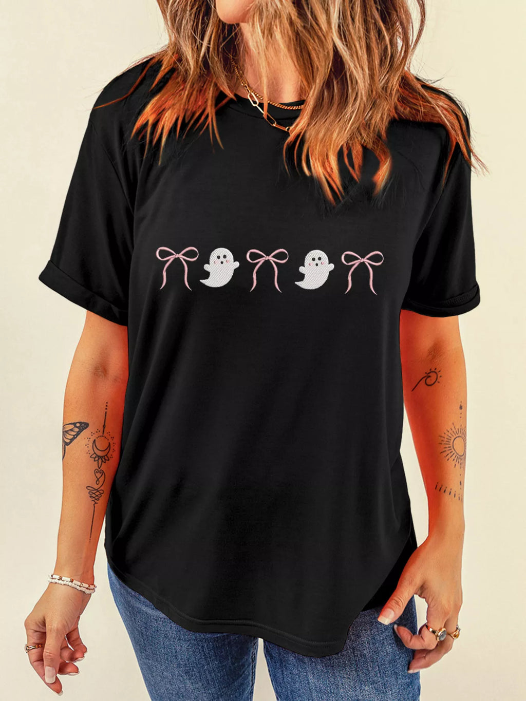 Halloween Ghost Bow Graphic T-Shirt – Cute Short Sleeve Tee