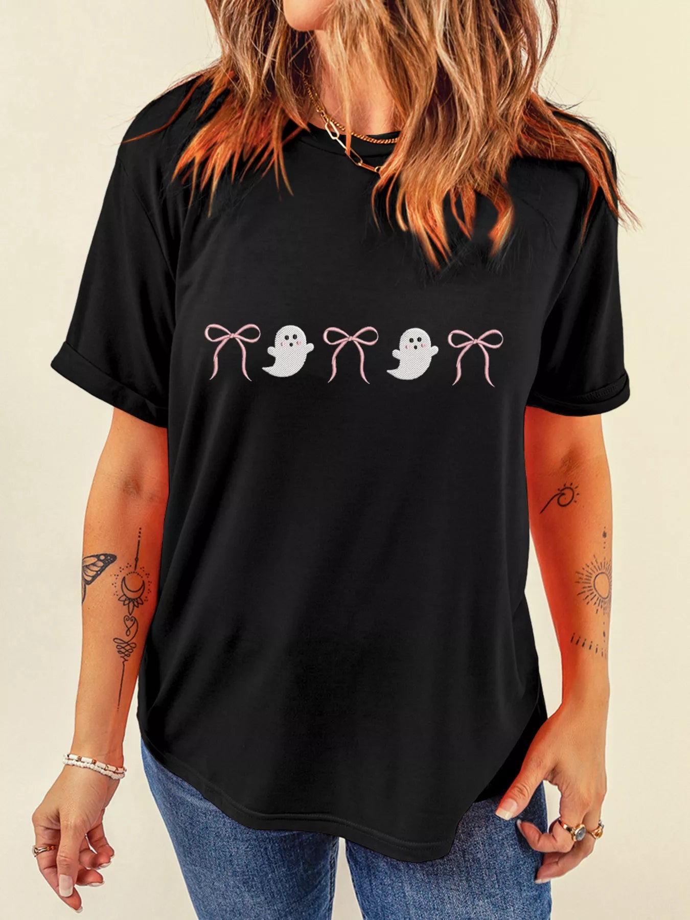 Halloween Ghost Bow Graphic T-Shirt – Cute Short Sleeve Tee