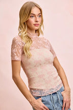 Dusty rose sheer mesh high-neck bow-pattern top, short sleeves, fitted waist