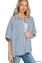 Women’s striped button-down shirt, classic blue, loose fit, short sleeves, button front