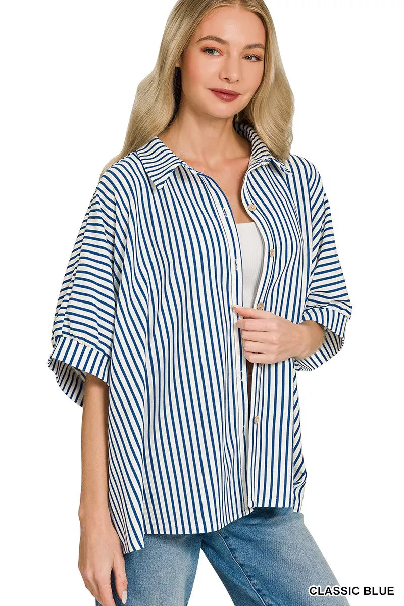 Women’s striped button-down shirt, classic blue, loose fit, short sleeves, button front