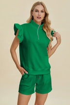Textured Flounce Sleeve Top & Shorts Set – Stylish & Comfy 2-Piece