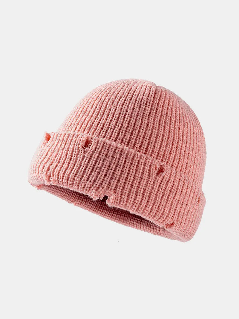 Distressed Cuffed Knit Hat – Edgy Cozy Winter Beanie
