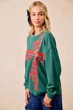 BiBi Plaid Ribbon Bow Christmas Fleece Pullover – Festive Cozy Holiday Top