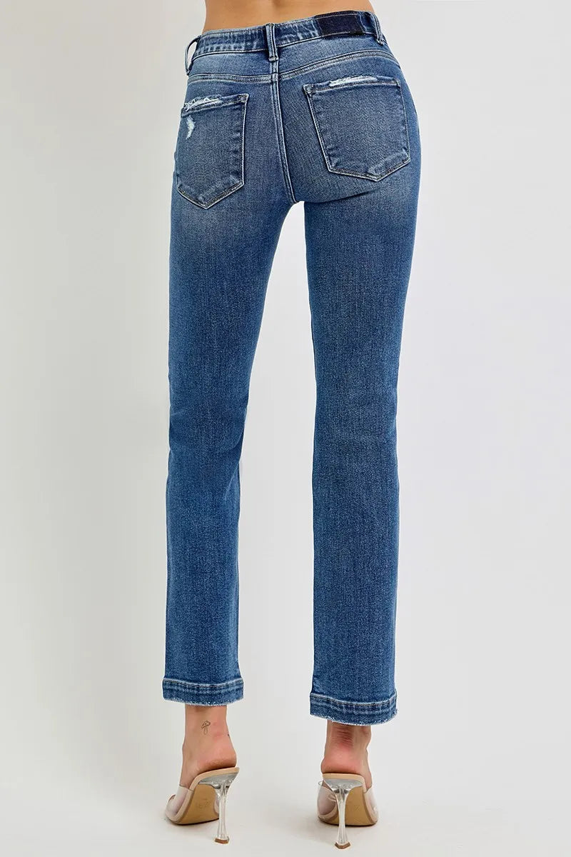 Dreamkue-Risen Women's Tummy Control Mid Rise Straight Jeans with Elastic Waistband