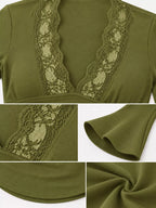Avocado green lace V-neck trim with flared sleeve hem and smooth stretch jersey.