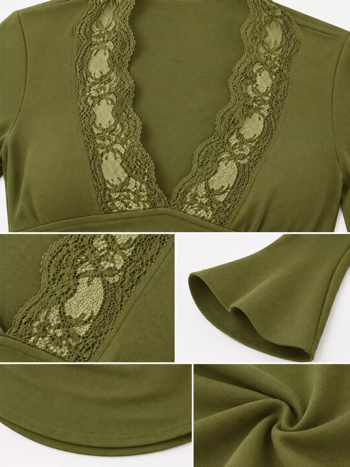 Avocado green lace V-neck trim with flared sleeve hem and smooth stretch jersey.