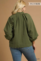 Textured Notched Balloon Sleeve Blouse Plus Size Women’s Top