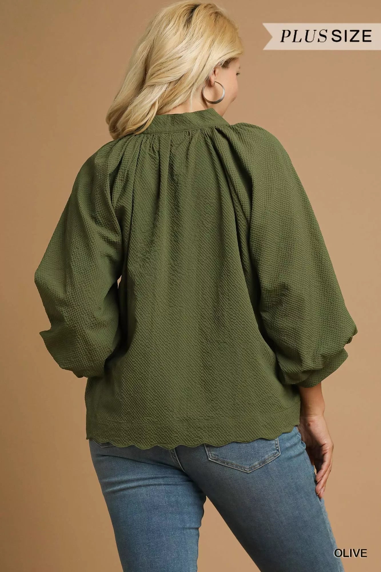 Textured Notched Balloon Sleeve Blouse Plus Size Women’s Top