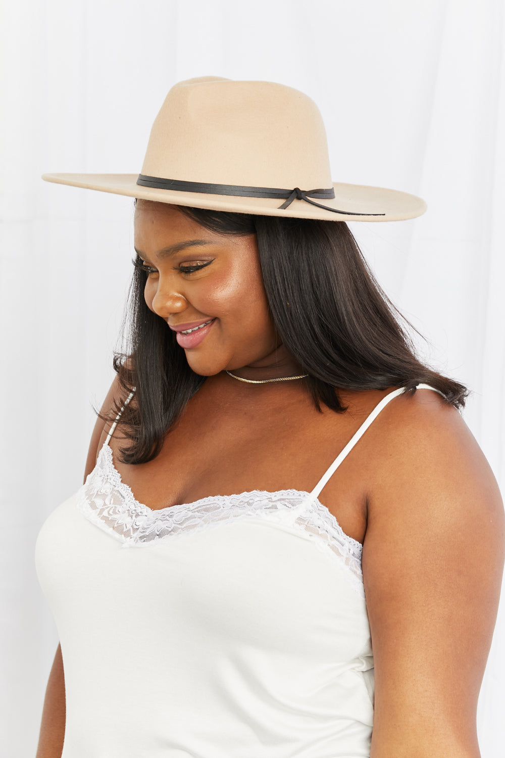 Beige Fedora Hat with Faux Leather Knot – Adjustable & Stylish